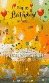 a happy birthday greeting card with a cupcake , balloons and smiley faces .