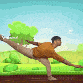 a cartoon drawing of a man doing a yoga pose with a viggle.ai watermark