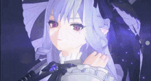 a purple haired anime girl with purple eyes and a purple necklace