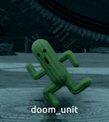 a green cactus is running with the words doom_unit written below it