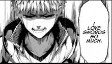 a black and white drawing of a man with the words `` i love swords so much '' written on his face .