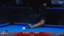a pool table with us open written on the bottom right