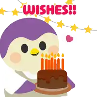 a penguin blowing out candles on a birthday cake with the words wishes behind him