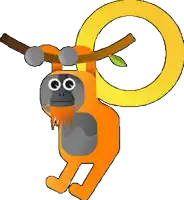a cartoon monkey hanging from a tree branch with a yellow circle around it