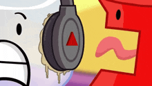 a cartoon character wearing headphones with a red triangle on the top