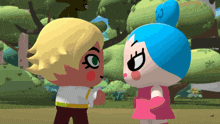 a boy and a girl are standing next to each other in a video game