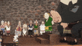 a group of people are standing in front of a stone wall and a man is giving a speech