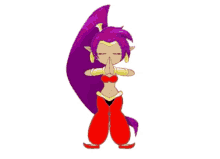 a cartoon character with purple hair and red pants praying