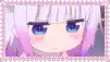a close up of a anime girl with pink hair and blue eyes .