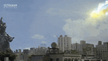 a giant monster is standing in front of a city with the words ultraman official above it