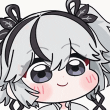 a cartoon drawing of a girl with gray hair and purple eyes .