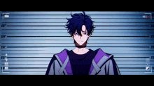 a man in a purple jacket stands in front of a police lineup