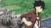 a man with black hair and a red jacket is running in front of a city .