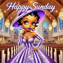 a cartoon of a woman in a purple dress and hat with the words happy sunday