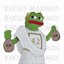 a cartoon frog holding two bags of km
