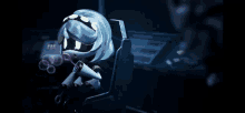 a cartoon character is sitting in a chair with a bubble maker
