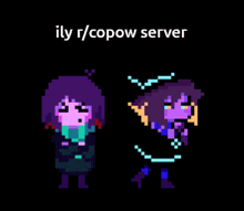 a purple pixel art character with red eyes and the words ily r / copow server above it