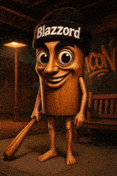 a cartoon character is wearing a beanie that says blazzard