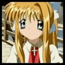 a blonde anime girl with a red tie and a cross on her neck is looking at the camera .