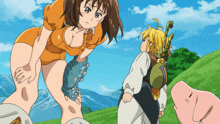 a group of anime characters standing in a field