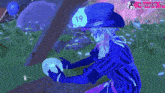 a person in a blue hat holding a skull with the number 19 on it