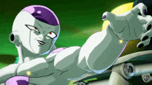 a cartoon character with a purple head and purple gloves is smiling
