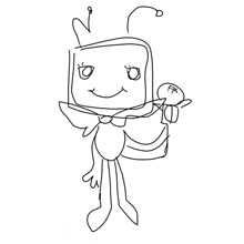 a black and white drawing of a cartoon character with a tv head