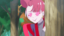 a girl with pink hair and heart shaped eyes is peeking behind a tree