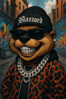 a cartoon of a bear wearing a beanie that says blazzard on it