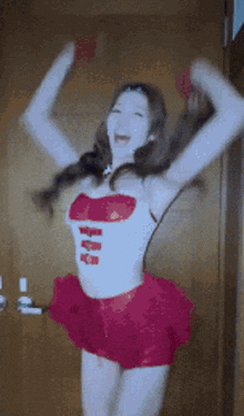 a woman in a red skirt is dancing in front of a door .