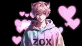 a boy with a cat ear and a hoodie that says zox