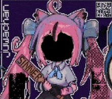 a cartoon of a girl with pink hair holding a sign that says `` sinner '' .