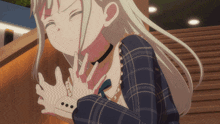 a girl with a choker around her neck is making a funny face