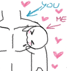 a drawing of a person kissing another person 's cheek with hearts around them and the words you and me