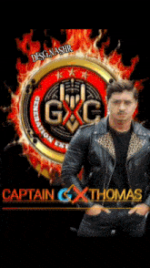 a man in a leather jacket stands in front of a logo for gxc
