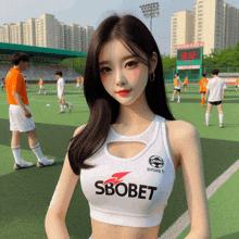 a woman wearing a soccer uniform with the word sbobet on it