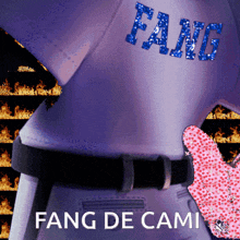 a poster for fang de cami shows a person wearing a purple shirt