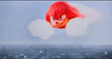 a red sonic the hedgehog is flying through the air on a cloud .