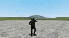 a man in a suit and tie is standing in the middle of a field holding a gun .