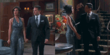 a man in a suit and tie is holding hands with a woman in a dress