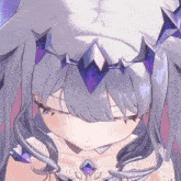 a drawing of a girl with purple hair and a purple crown on her head