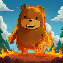 a cartoon of a teddy bear with flames coming out of its arms and legs