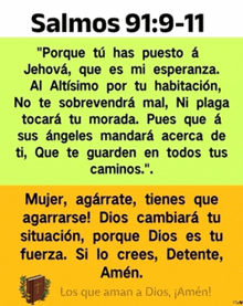 a bible verse in spanish is displayed on a yellow background