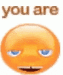 a close up of an orange smiley face with blue eyes and the words `` you are '' .