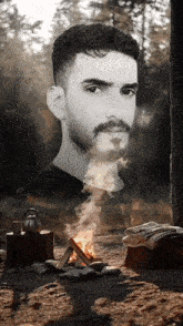 a black and white photo of a man and a fire