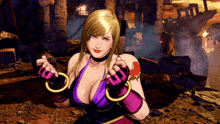 a woman in a video game is wearing a purple top and purple gloves