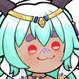 a close up of a cartoon character with horns and a necklace .
