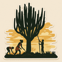 a sticker of a man and two women planting a tree in the desert