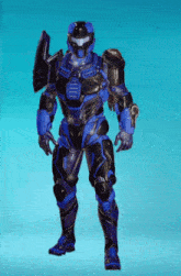 a blue and black armored figure with a shield on a blue background
