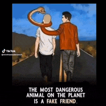 a cartoon of two men walking down a road with a snake around their neck .